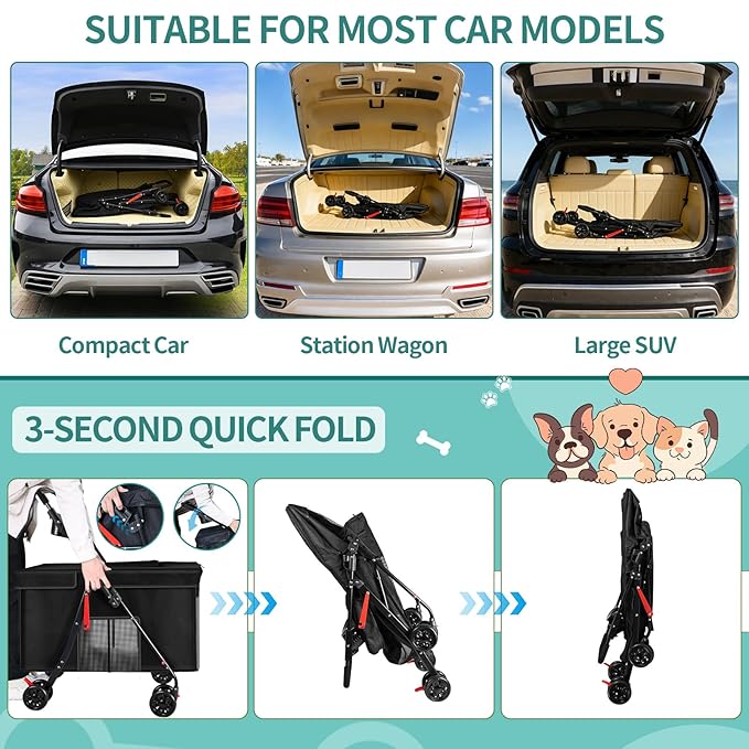 Medium Dog Stroller for Large Dogs, Pet Stroller for Medium Dogs Up to 100lbs, All-Terrain with Handle & Canopy, Storage Organizer, Waterproof Oxford Fiber Black