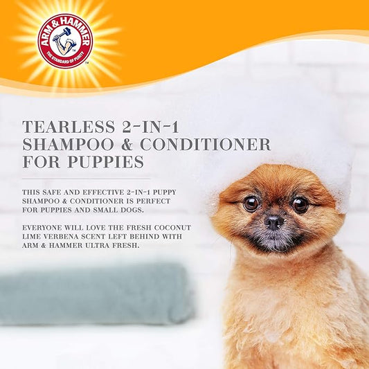 Arm & Hammer Ultra Fresh Tearless Puppy Shampoo and Conditioner 2 in 1 with Baking Soda Deodorizer, Gentle Pet Wash for Odor Control, Puppy Bath, Coconut & Lime Verbena Scent, 16 Fl Oz