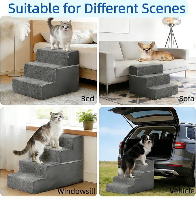 Simple Deluxe Dog Stairs for Small Dogs, 4-Step Dog Step for Puppy, Older Cat, Medium Pet Ramp for Sofa, Couch or Chair, Indoor Non-Slip Pet Ladder with High Density Foam, Gray