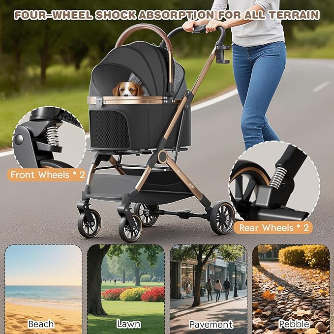 4 Wheels Pet Stroller for Small Medium Dogs Cats Up to 45 lbs Folding Dog Stroller with Detachable Breathable Carrier Suitable for Car Seat, Hand Carry & Travel, All Terrain, 3 in 1 Multifunctional