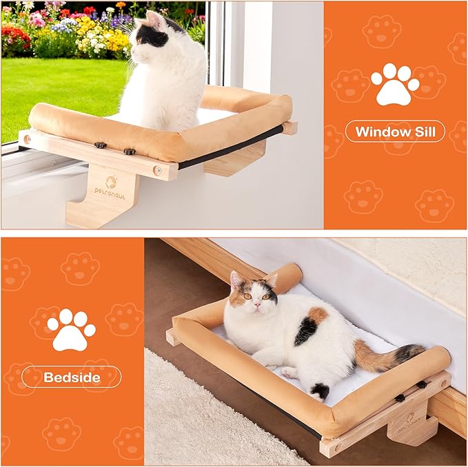 Solid Wood Cat Window Perch for Large Breeds – 40lbs Heavy Duty Cat Window Hammock, Comfortable Orthopedic Feline Bed with Easy Screw-in Assembly, Modern Pet Furniture, Bonus Toy Included