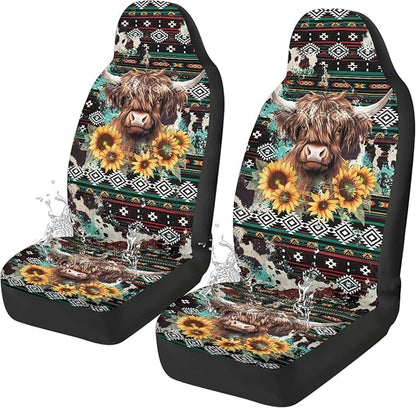 Car Seat Covers Waterproof Vintage Aztec Highland Cow Front Seat Covers Elastic Fabrics Easy Installation Protection Interior Accessories Suitable for Cars, SUV and Trucks