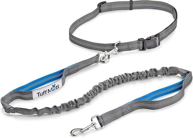 Tuff Mutt Hands Free Dog Leash for Walking Running Hiking, Waist Leash with Bungee, Adjustable Belt, Reflective Double Handle Design for Large Medium Dogs
