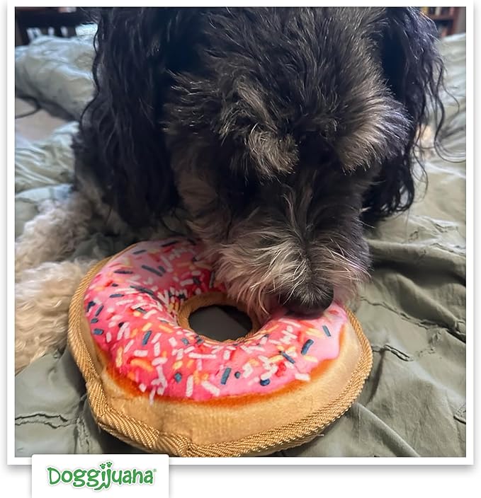 Doggijuana Tuffer Chewer Plush Dog Toy | Funny Dog Toy Plush with Juananip Catnip for Dogs | Calming Aid for Dogs | Interactive Squeaky Chew Toy for Play (Sprinkled Donut)