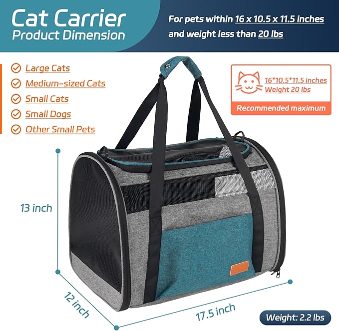 Large Cat Carrier for Cats 20 lbs, Soft Sided Breathable Mesh Travel Carrier, Airline Approved, Washable Pet Carrier for Small Dogs Puppies, Foldable, Blue