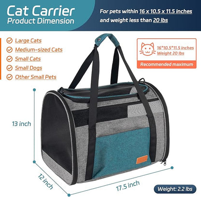 Large Cat Carrier for Cats 20 lbs, Soft Sided Breathable Mesh Travel Carrier, Airline Approved, Washable Pet Carrier for Small Dogs Puppies, Foldable, Blue