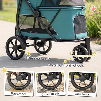 PawHut 3 Wheel Pet Stroller, Dog Stroller Dual Entry, Easy One-Click Quick Fold, All-Terrain Wagon Cart with Air Mesh, Washable Cushion, for Small and Medium Dogs and Cats Up to 44 lbs, Dark Green