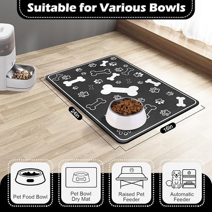 Pet Feeding Mat,Rapid Absorbent Mats for Dog Cat Food, Dog Placemat Water Bowl Mat with Rubber Backing,Messy Drinkers to Protect Floors, Pet Accessories 17"×29" Black