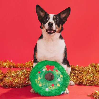 Barkbox Get Lit Wreath Dog Toy – Holiday Fetch & Fling Disc with T-Shirt Rope, Crazy Crinkle & Long Plush Hair – Durable Holiday Play Toy for Dogs
