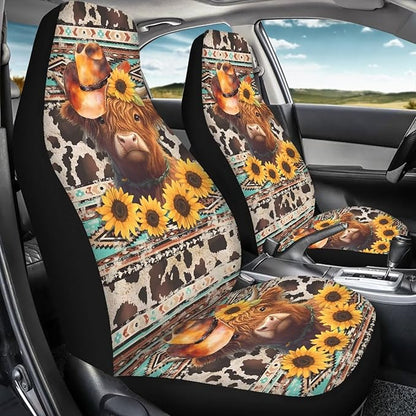 Car Seat Covers Waterproof Universal Aztec Highland Cow Print Front Car Seats Easy Installation Washable Cover Automotive Interior Accessories for Cars Truck SUV Van
