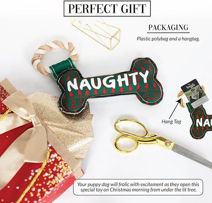 Pavilion - Naughty Or Nice - 11" Dog Bone Puppy Dog Toy with Rope Handle K-9 Furry Companion Christmas Present