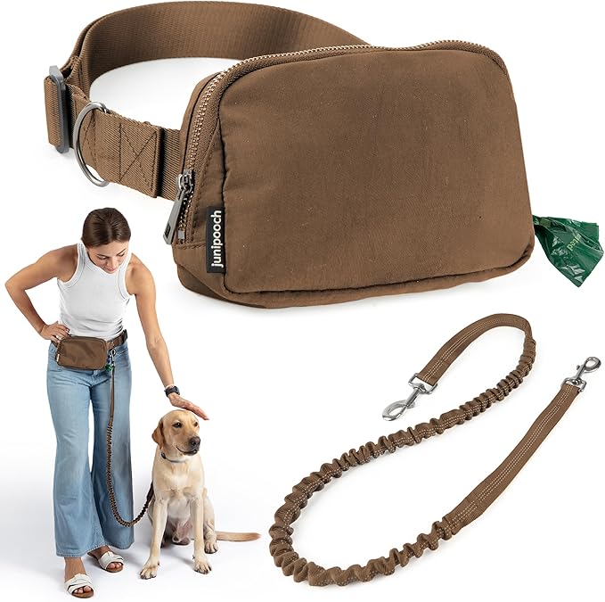 Hands Free Dog Leash with Dog Treat Pouch - Stylish & Trendy Waist Leash for Dog Walking - Wear Around the Waist or Crossbody - Durable & Detachable - Shock Absorbing - Waste Bag Dispenser