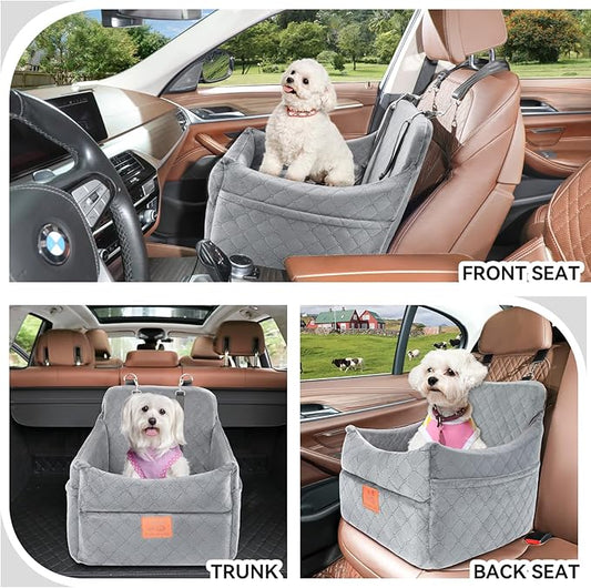 GL GLENSLAVE Dog Car Seat for Small/Medium Dogs, Dog Booster Car Seats with Thick Cushion for Dogs Under 35lbs, Detachable Washable Pet Carseat with Storage Pockets, 2 Safety Belts