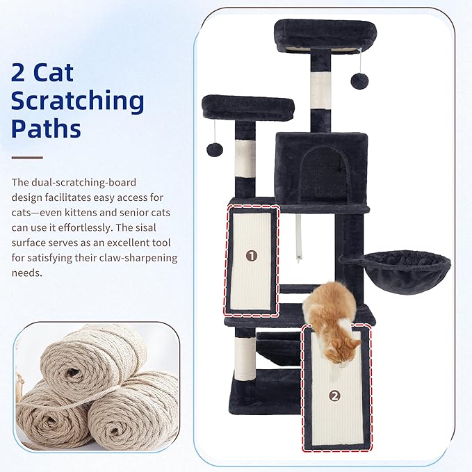 Multi-Level Cat Tree for Indoor Cats, Cat Tower with 2 Scratching Boards, 2 Plush Padding Platforms, Cat Condo House with Hammock, Basket, Smoky Gray GCT022G