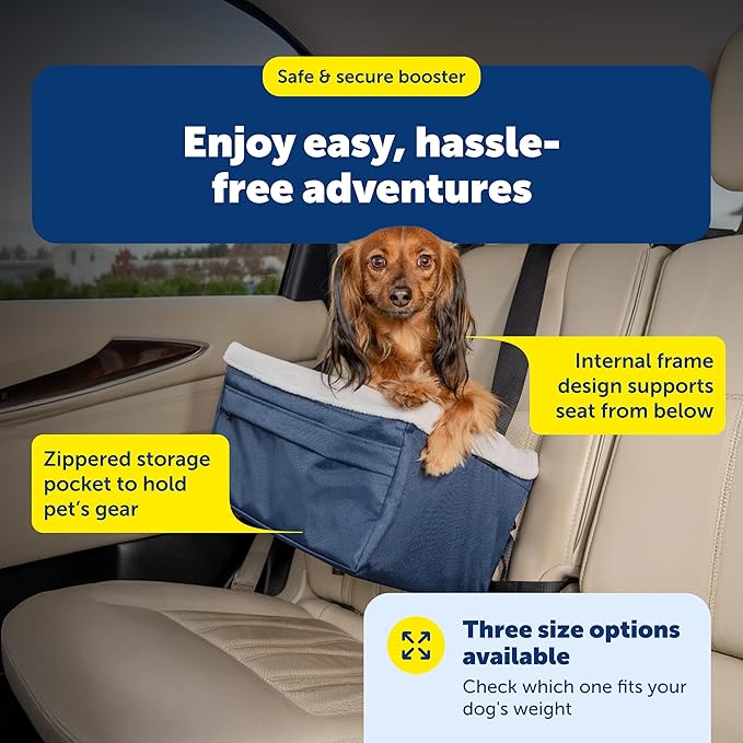 PetSafe Happy Ride Booster Seat for Dogs - Open Road Comfort - Safe Tether System - Zipper Pouch Dog Seat - Machine Washable Fleece Liner - Easy Install Design - Navy - Up to 12 lb