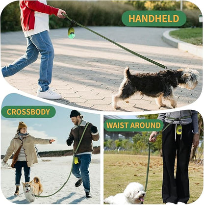 Kazazoo Hands-Free Dog Leash with Poop Bag Holder, Adjustable 4-7 Ft Waist for Dog Walking, Running for Small & Medium Dogs with Reflective Strips, Nylon Waist Belt, Green