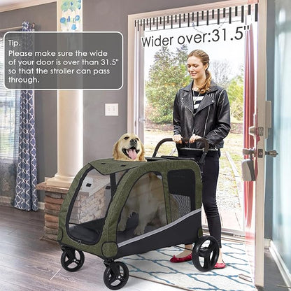 Dog Stroller for Large Dogs, Extra Large Pet Stroller for Medium Dogs, Dog Wagon Carriage, Foldable Design, Adjustable Handle, with Pocket, Up to 160 lbs, Green