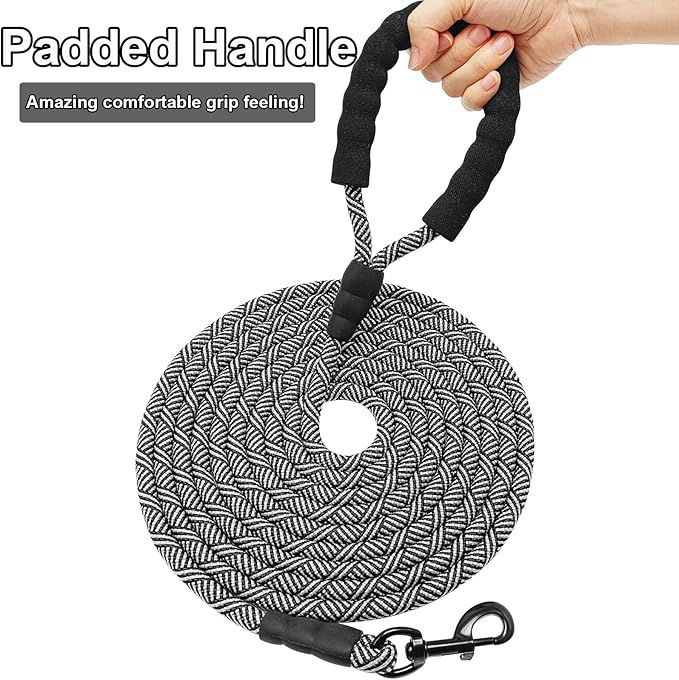MayPaw 30ft Long Rope Dog Leash, 3/4/5/6/7/8/10/12/15/20/30FT Lengths Dog Lead Nylon Pet Leash, Soft Padded Handle Thick Lead Training Leashes for Large Medium Dogs (30ft * 1/2", Black)