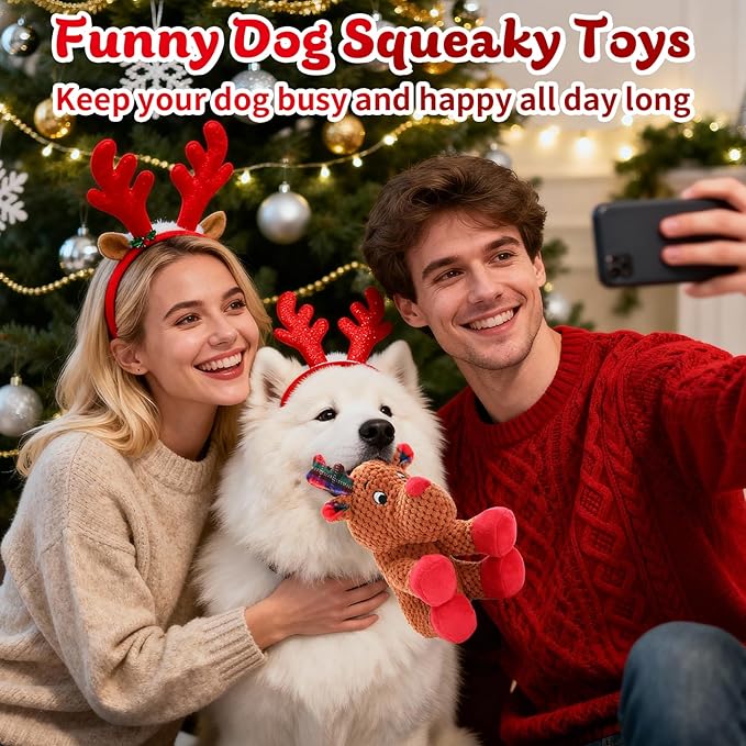 Christmas Dog Toys, Tough Dog Squeaky Toys with Crinkle Paper, Interactive Plush Puppy Chew Toys,Cute Christmas Reindeer Dog Toys, Adorable Dog Gifts for Small, Middle,Large Dogs