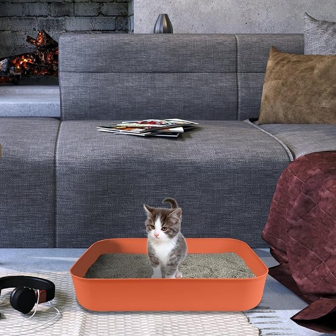 Small Litter Box, Plastic Kitten Litter Box, 13.9 x 9.8 x 3 Inch Open Litter Box for Small Pet, Easy to Clean (Orange 4PCS)