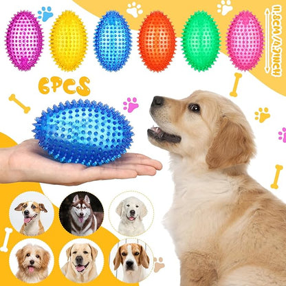 6 Pcs 4.5'' Spiky Squeaker Football Dog Toy for Medium Large Dogs Toys Heavy Duty Rubber Chew Toys for Aggressive Chewers Spiky Ball Fetch Toys for Training Clean Teeth Outdoor(Classic)
