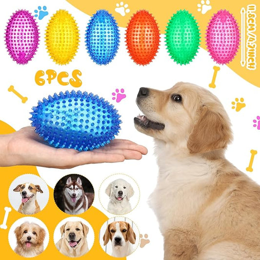 6 Pcs 4.5'' Spiky Squeaker Football Dog Toy for Medium Large Dogs Toys Heavy Duty Rubber Chew Toys for Aggressive Chewers Spiky Ball Fetch Toys for Training Clean Teeth Outdoor(Classic)