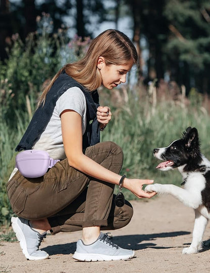 heouvo Dog Treat Pouch with Training Clicker, Upgrade Stronger Magnetic Closure to Avoid Spilling, 1.67 Cup Silicone Treat Bag Fanny Pack with Waist Belt for Pet Training Walking (Violet)