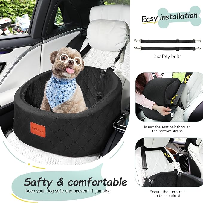 Lealchum Dog Car Seat for Small Dogs Up to 30 Lbs,Ultra Soft Fabric Fill in Comfy Memory Foam,Happy Pet Ride,2 Safety Dog Leashes,Fully Detachable and Washable,Anti Slip Base(Black)