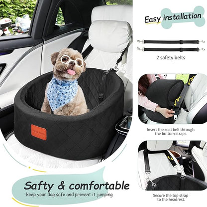 Lealchum Dog Car Seat for Small Dogs Up to 30 Lbs,Ultra Soft Fabric Fill in Comfy Memory Foam,Happy Pet Ride,2 Safety Dog Leashes,Fully Detachable and Washable,Anti Slip Base(Black)