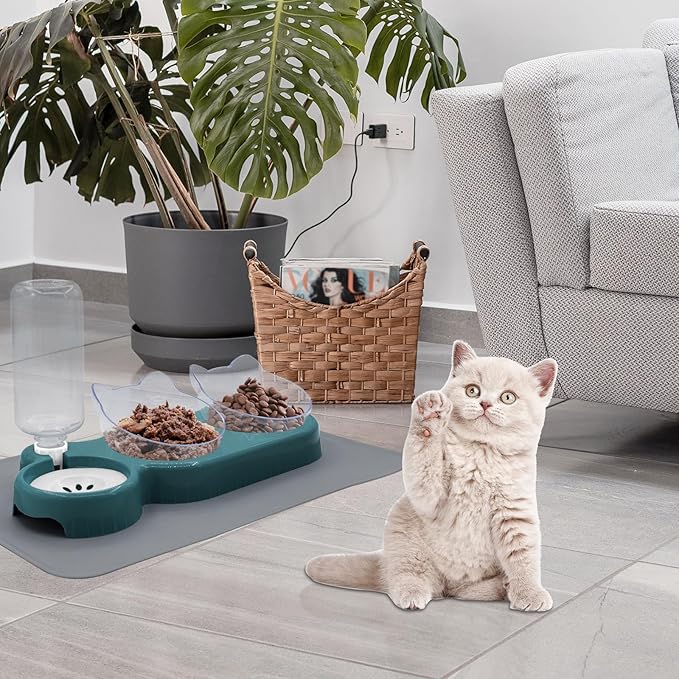Triple Cat Bowls with Water Dispenser, Pet Water and Food Bowl Set with Non-Slip Mat and Scoop, 15° Tilted Double Dog Cat Bowls, Wet and Dry Food Bowl Set for Cats & Small Dogs (Dark Blue)