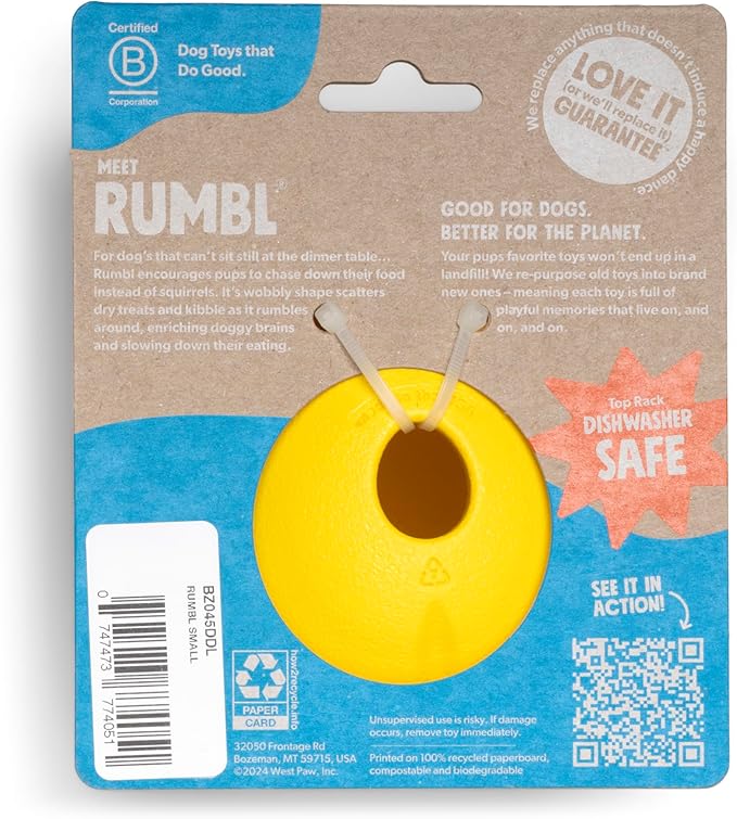 WEST PAW Zogoflex Rumbl Treat-Dispensing Dog Toy – Interactive Slow-Feeder Chew – Enrichment Toy Moderate Chewers, Fetch, Catch – Holds Kibble, (Dandelion Yellow, Small)