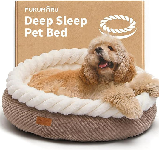 FUKUMARU Dog Bed, Calming Donut Dog Beds, Plush Faux Fur&Corduroy Cat Beds, Cute Round Washable Pet Bed for Large Cats and Small Dogs, Cat Cave with Anti-Slip Bottom, 25inch, Camel