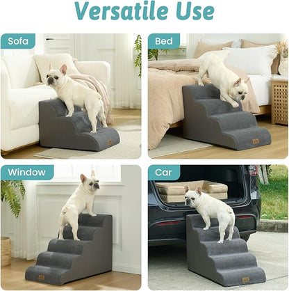 Wide Dog Stairs for Small Dog 19.7" H, Pet Step for Puppy, Older Cat, Curved Ramp for Bed, Durable Anti-Slip Ladder with High Density Foam, 4 Step, 17.7x28x19.7 inch, Dark Grey