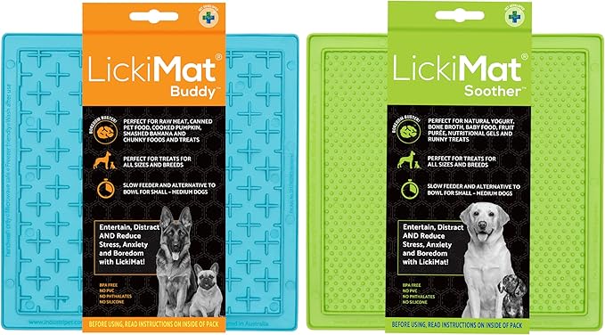 LickiMat 8"X8" Pack of 2 Classic Soother & Buddy Dog Slow Feeders Lick Mat Boredom Anxiety Reduction Perfect for Food Treats Yogurt Peanut Butter Fun Alternative to Slow Feed Dog - (Green & Turquoise)