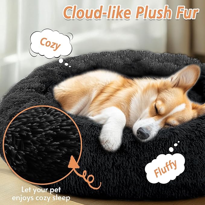 JOLLYVOGUE Calming Dog Beds Large Sized Dog, 36in Donut Washable Large Pet Bed, Anti-Slip & Anti-Anxiety Fluffy Faux Fur Round Dogs Bed, Fits up to 80 lbs Pets (Black)