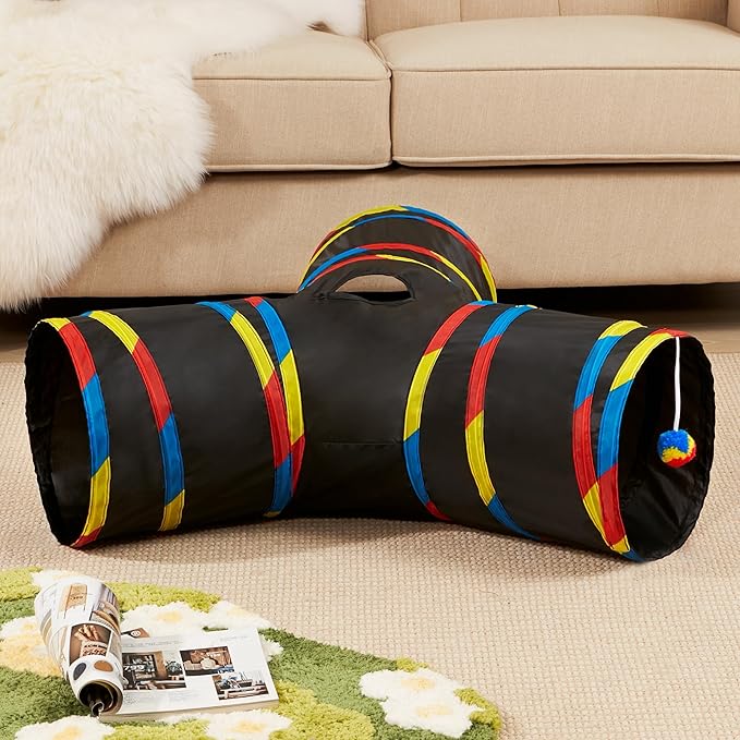 Tempcore Pet Cat Tunnel Collapsible Toy, 3-Way Kitty Tunnel with Peek Hole & Ball - Indoor Play Tube for Cats, Kittens, Puppy, Rabbit, Black & Rainbow