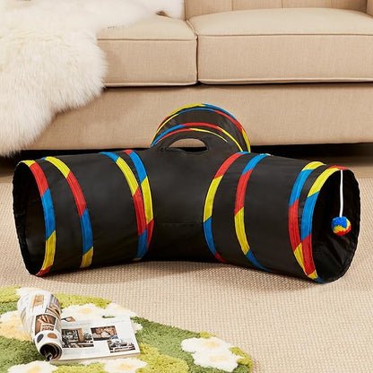 Tempcore Pet Cat Tunnel Collapsible Toy, 3-Way Kitty Tunnel with Peek Hole & Ball - Indoor Play Tube for Cats, Kittens, Puppy, Rabbit, Black & Rainbow