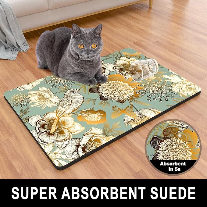 Dog Food Mat, 16" x 24" Flower Absorbent Dog Cat Bowl Mat for Food and Water, Cute Anti-Slip Rubber Pet Feeding Rug Protect Floors, Placemat for Feeding & Watering Supplies, Retro Floral