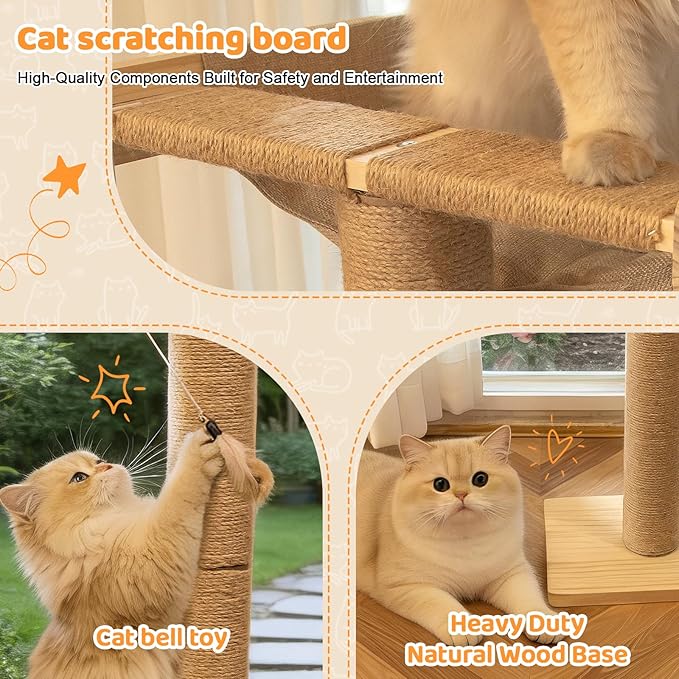 46" Cat Window Perch with 3 Adjustable Sisal Scratching Posts, Drill-Free Suction Cups, Multi-Level Climbing Perch for Bird Watching & Play, 45 lbs Capacity