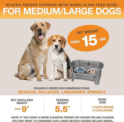 Neater Feeder Express Mess Proof Dog Bowls Elevated for Medium and Large Breed – Made in USA – No Spill Raised Slow Feeder Elevated Dog Bowl Stand, Slow Feed Food and Water Bowl Set, Grey