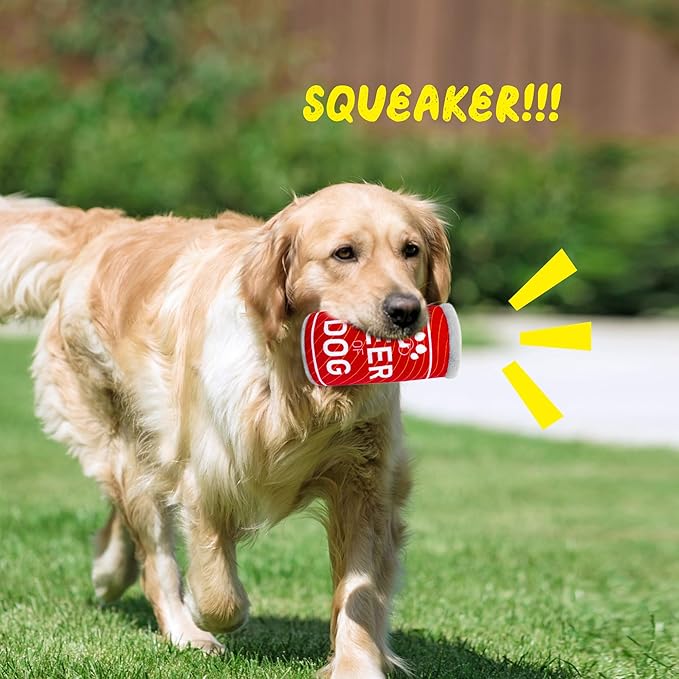 Squeaky Plush Dog Toys 2 Pack - Funny Beer Puppy Toys with Squeaker for Small Medium Large Dogs, Soft Stuffed Chew Toys for Birthday Gifts(Red&Orange)