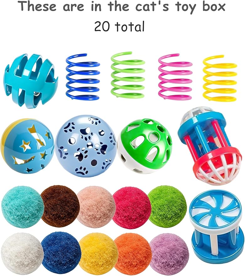 20 Pack Cat Toys Balls Indoor Kitten Toys, with PP Bell Balls, Plush Balls and Spring Toys for Kittens and Cats Play (1.5'' - 2.2'')
