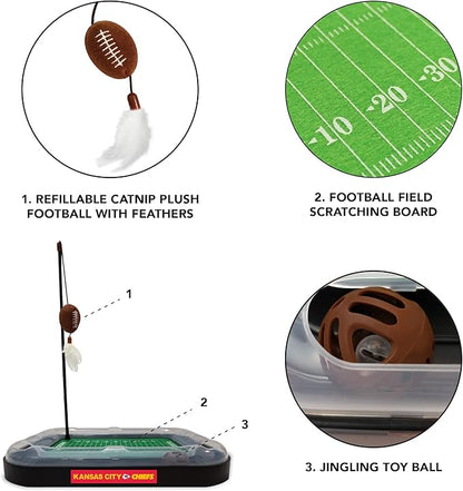 Pets First Cat Plush Toy KANSAS CITY CHIEFS FOOTBALL FIELD CAT SCRATCHER TOY with CATNIP Filled Plush FOOTBALL Toy & Feather Cat Toy hanging, Jingle Bell INTERACTIVE BALL Cat Chasing 5-in-1 KITTY Toy