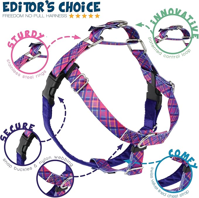 2 Hounds Design - Freedom No-Pull Harness & Training Leash in Pink and Purple | Dual Leash Loops, No Pulling on Walks | Lined to Prevent Chaffing | for Small Sized Dogs (Size S, Chest 20”- 24”)