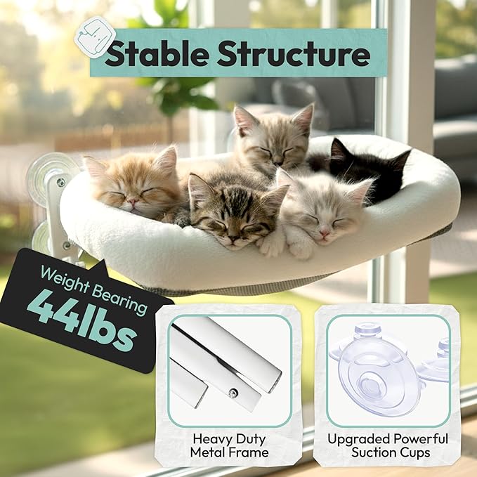 Cordless Cat Window Perch, Foldable Cat Window Hammock, 4 Strong Suction Cups, Solid Metal Frame, Patented Hook Design, Cushion White, L