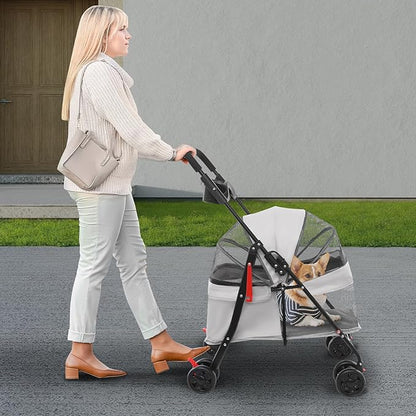 Foldable Pet Stroller w/Lockable Brakes,40lbs Capacity Ventilated Mesh Carrier Cart for Small Medium Dogs & Cats,Dog Stroller (Light Gray)