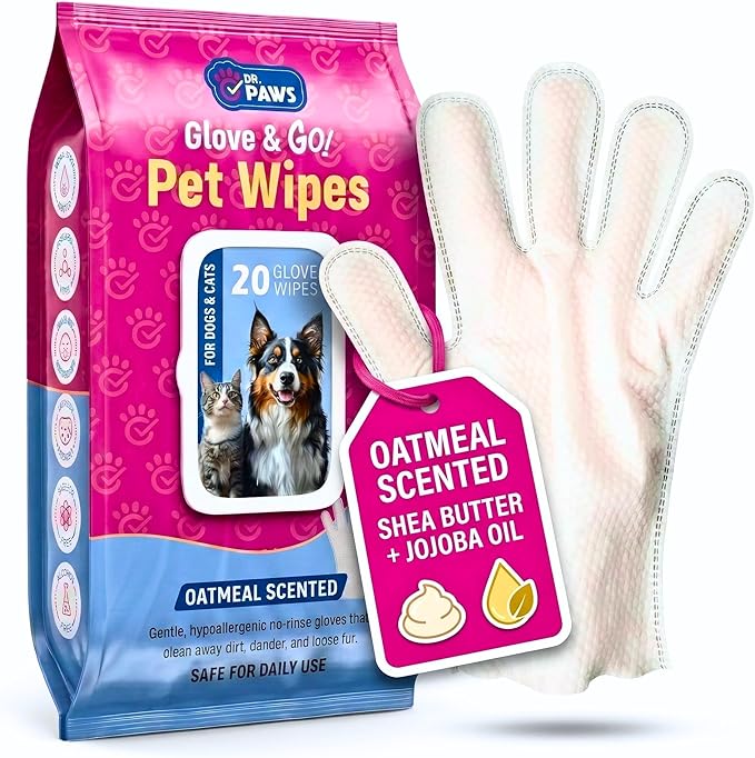 Glove & Go Grooming Wipes for Dogs & Cats - Paraben Free, Alcohol Free, Lick-Safe, Hypoallergenic, Oatmeal Scented Dog Wipes for Paws and Butt, Puppy Wipes (20 Count)