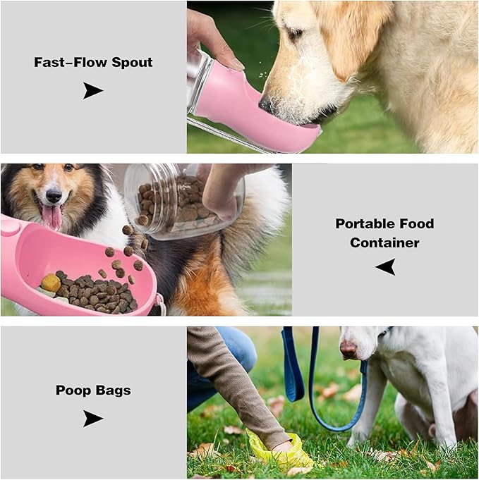 Dog Water Bottle with Food Storage & Poop Bag Dispenser - 3-in-1 Portable Pet Water Bowl for Hiking, Walking, and Travel - Ideal for Small to Large Dogs Pink