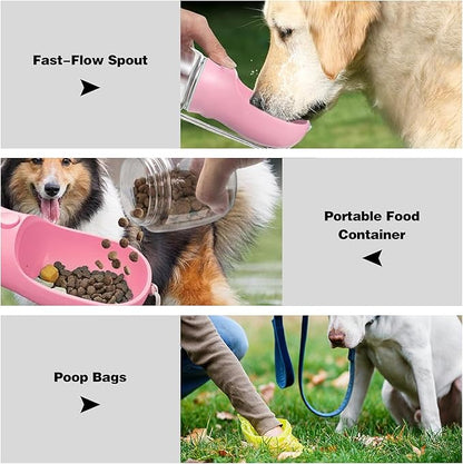 Dog Water Bottle with Food Storage & Poop Bag Dispenser - 3-in-1 Portable Pet Water Bowl for Hiking, Walking, and Travel - Ideal for Small to Large Dogs Pink