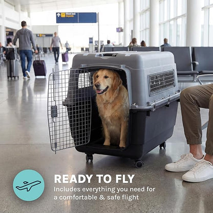 SportPet Airline Compliant X-LARGE 32.25" Travel Dog Kennel-Durable Plastic Airline Pet Carrier w/Removable Wheels & Food Bowls, Collapsible Indoor/Outdoor Dog Kennel, Dogs up to 32"L & 23"H-Dark Gray